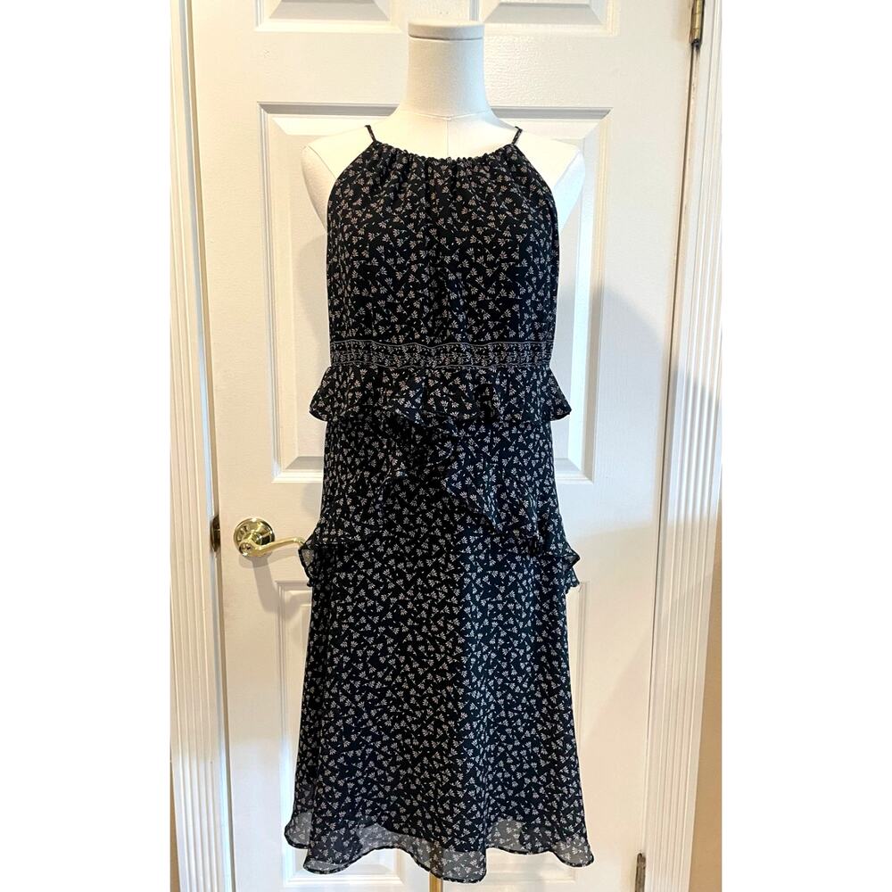Max Studio Black Floral Halter Neck Tiered Dress Size Small